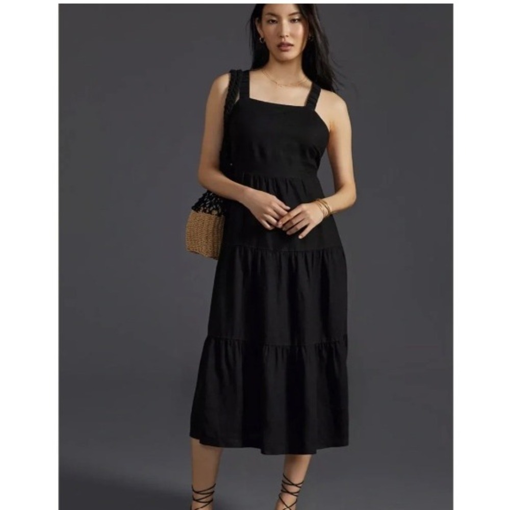 Anthropologie Cloth & Stone Black 100% Linen Tiered Midi Dress Cross Back Small